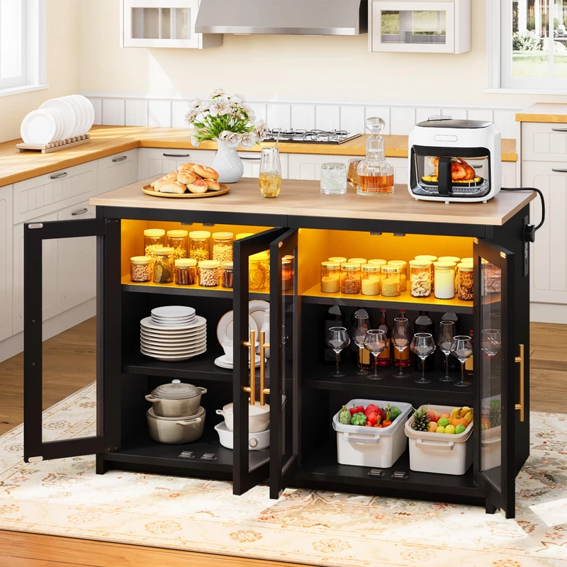 YITAHOME kitchen island with Power Outlet and LED Lights, breakfast bar table with seating space, double cabinets with Acrylic Doors, three layer adjustable Cabinet, 130*60*88.5cm, Yellow oak effect - Image 1