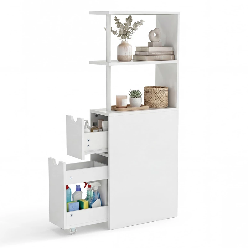 RELAX4LIFE Slim Bathroom Floor Cabinet, Narrow Rolling Toilet Storage Cart with 3 Open Shelves, Slide-out Drawer and Wheels, Multi-Purpose Freestanding Storage Unit