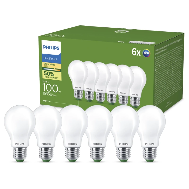 Philips UltraEfficient LED Light Bulb, 6 Pack, A60, E27, 1535 Lumens, 100W, Energy Saving, EyeComfort, Long Lifetime, Warm White Light 2700K, Classic Design, Frosted