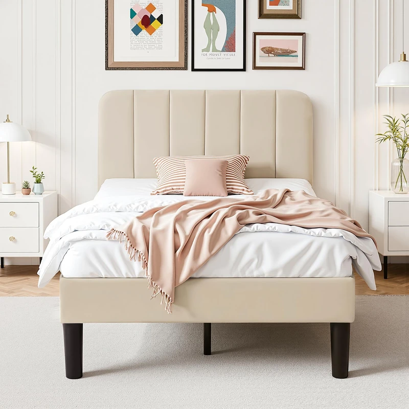 VECELO Single Bed Frame with Velvet Upholstered Headboard, Platform Bed Frame with Wooden Slats Support, Heavy Duty Metal Frame, Noise Free, No Box Spring Needed, Easy Assembly