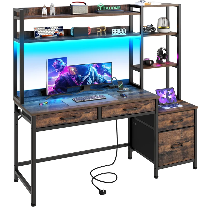 YITAHOME Computer Desk with Drawers, 150 cm Home Office Corner Computer Table Storages & Shelves, Gaming Desks Workstations with LED Lights & Power Outlets, Corner Desk with File Drawer, Vintage