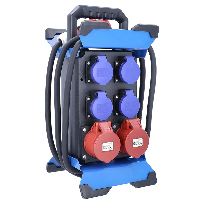 as - Schwabe STECKY CEE Power Distribution, 4 x SEV T23 IP55 & 2 x CEE 16 A, 400 V 11 kW, 2.5 m H07RN-F 5G2.5, 1 x FI 40 A, Robust Metal Frame, IP44 Splashproof