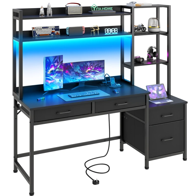 YITAHOME Computer Desk with Drawers, 150 cm Home Office Corner Computer Table Storages & Shelves, Gaming Desks Workstations with LED Lights & Power Outlets, Corner Desk with File Drawer, Black