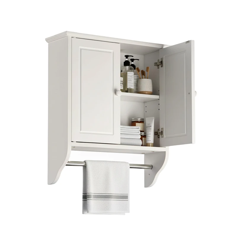 Relaxdays Bathroom Wall Cabinet, 2 Shelves & Towel Rail, White/Silver, 55x48x16 cm, Country Style