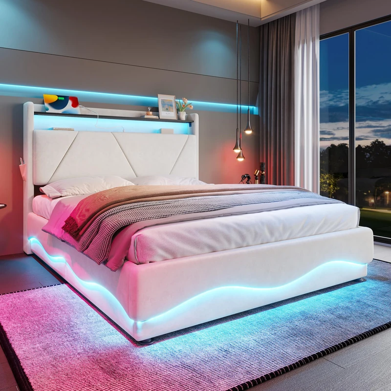 Ball & Cast 4ft6 Upholstered Double Bed with LED Headboard, Hydraulic Storage Bed, Quiet Gas-Lift Slatted Storage Base & USB Ports, Fabric Platform Bed with Shelves, Side Pockets, 135x190cm, Beige