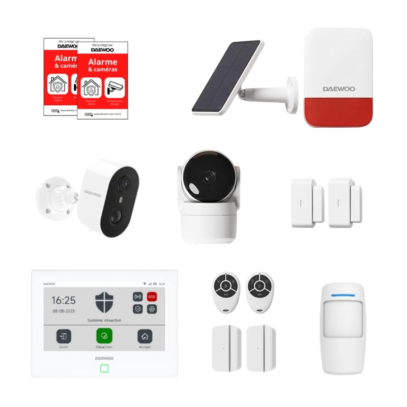 Smart Home Alarm without Subscription - Daewoo Security Smart Protect Remote Essential with HD Cameras, Solar Siren and 4 Door Contactors - Alexa & Google Home Compatible