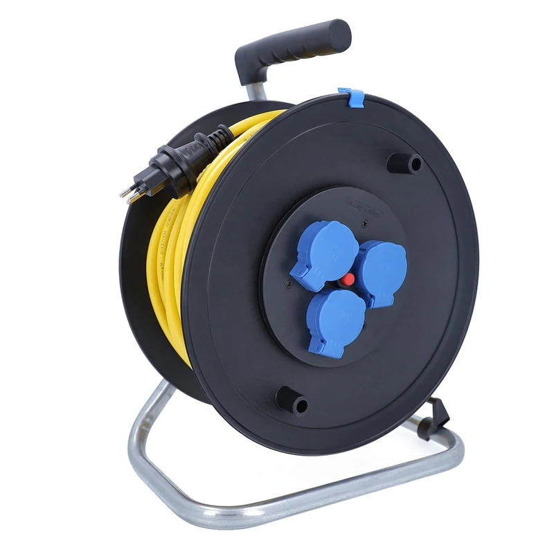 as - Schwabe Cable Reel 25 m K35 AT-N07V3V3-F 3G1.5 Yellow, IP44 Outdoor Use with SEV T13 Plug IP55 and 3X Type 13 Sockets, Thermal Circuit Breaker, Made in Germany
