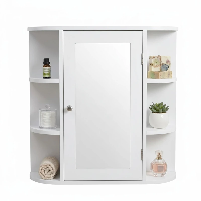 Relaxdays Wall-Mounted Mirror Cabinet with 6 Shelves and 4 Compartments, 58x61x18 cm, White - Image 1
