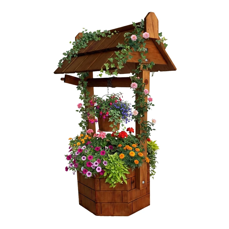 Relaxdays decorative garden fountain with brick effect, bucket & crank, pine wood, orange, 75 x 43 x 31 cm