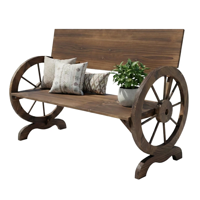 Relaxdays Garden Bench, rustic 2-seater with wagon-wheel armrests, 80x114x58 cm, brown
