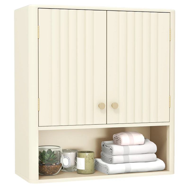 RELAX4LIFE Wall Mounted Bathroom Cabinet, Over The Toilet Storage with 2 Fluted Doors and Adjustable Shelves, Wooden Cupboard and Bathroom Organizer Unit for Living Room Kitchen Laundry (Beige)