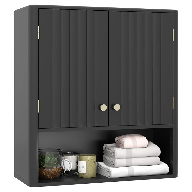 RELAX4LIFE Wall Mounted Bathroom Cabinet, Over The Toilet Storage with 2 Fluted Doors and Adjustable Shelves, Wooden Cupboard and Bathroom Organizer Unit for Living Room Kitchen Laundry (Black)