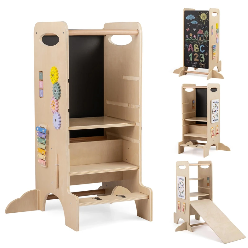 GYMAX Kids Step Stool, Wooden Kitchen Helper Stand with Chalkboard, Montessori Games, 3-Level Adjustable Height, Anti-Slip Feet and Safety Rails, Toddler Standing Tower for Aged 3+ Years Old