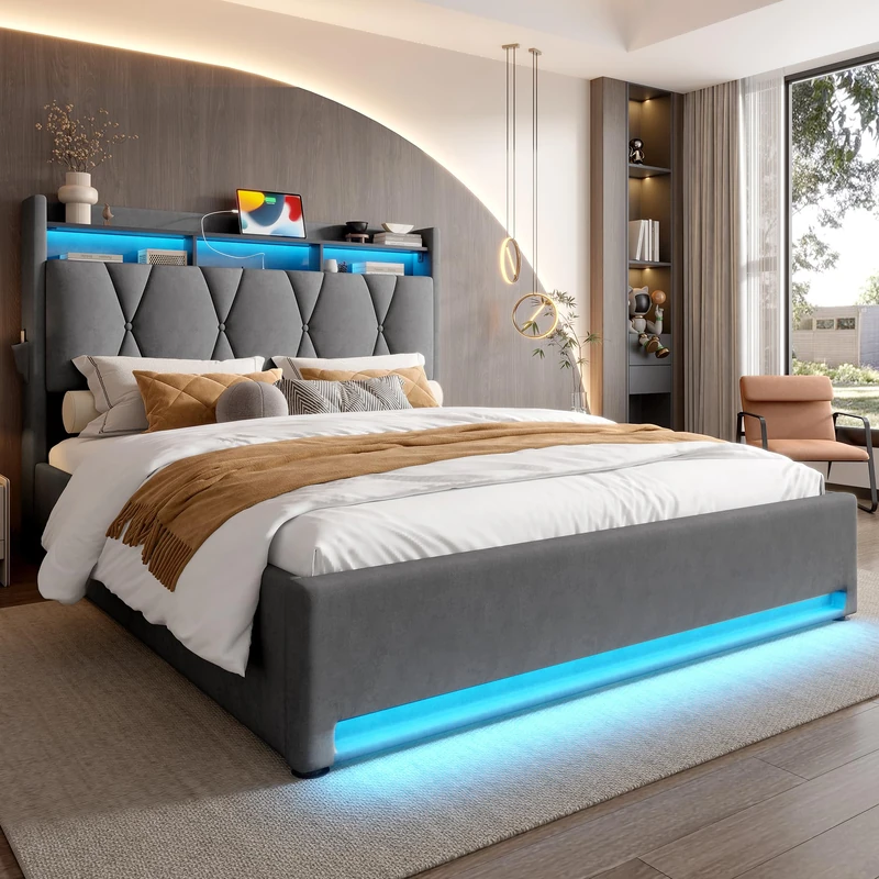 Ball & Cast 4ft6 Upholstered Double Bed Frame with Headboard Storage & Shelf, Storage Bed Frame with LED Lighting, USB Type-C Charging, Hydraulic Storage, No Mattress, 135 x 190cm, Dark Gray