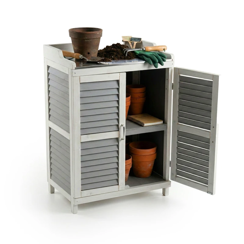 Relaxdays Potting Table with Storage Cabinet, Wood & Iron Worktop, 100x67x47 cm, Grey/White - Image 1