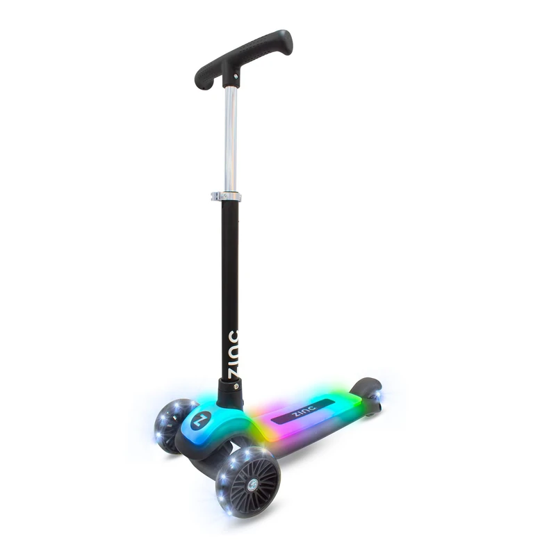 Zinc Rainbow Row Light Up 3 Wheel Scooter for Kids, Lean-to-Steer Toddler Scooter with Light Up Deck & Wheels (20 Light Functions), Adjustable Handlebar 65–81 cm, Stable Ride, Great Gift Idea