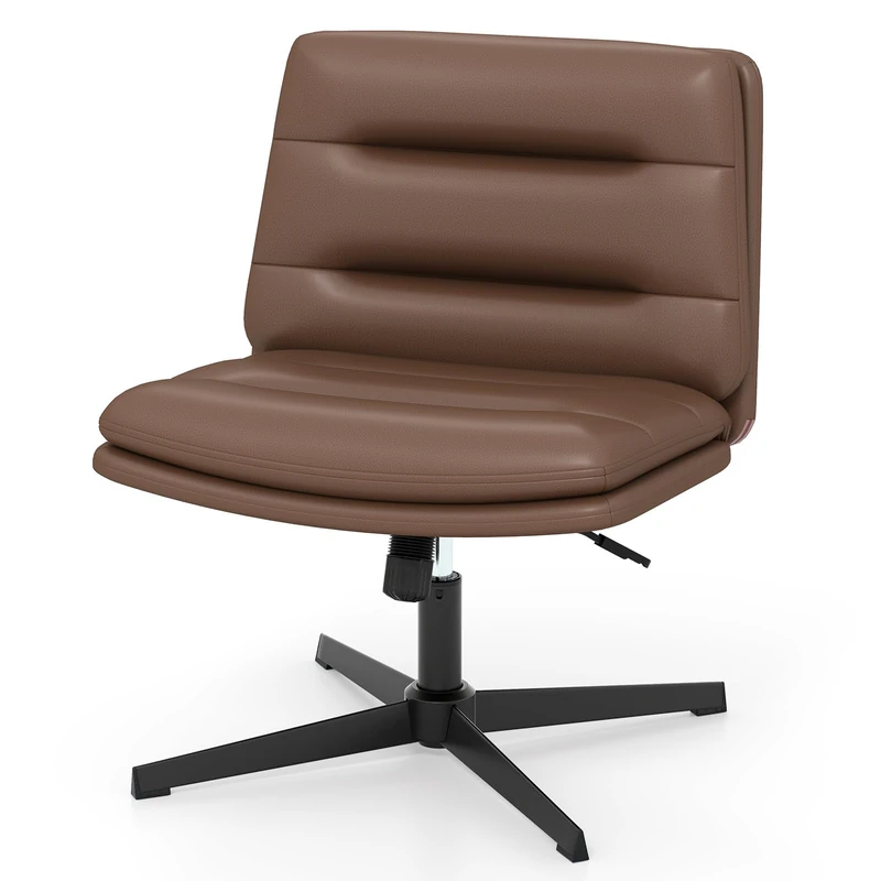 CASART Home Office Chair, Armless Criss Cross Legged Computer Chair with Wide Seat, PU Leather Height Adjustable Desk Task Vanity Chairs for Office Study Bedroom (Brown)