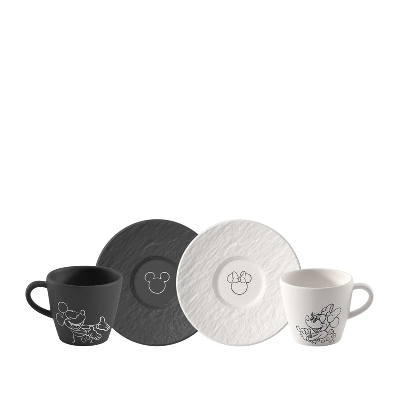 Villeroy & Boch Manufacture Rock – Mickey Mouse – Espresso Cup with Saucer, 4 Pieces, Black/White, Dishwasher-Safe & Microwave-Safe, Slate Look with Disney Mickey Mouse Decoration, Premium Porcelain