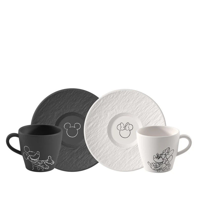 Villeroy & Boch Manufacture Rock – Mickey Mouse – Coffee Cup with Saucer, 4 Pieces, Black/White, Dishwasher-Safe & Microwave-Safe, Slate Look with Disney Mickey Mouse Decoration, Premium Porcelain