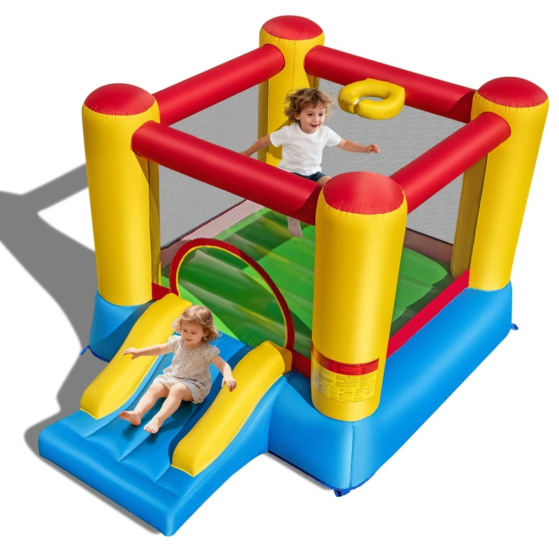 GYMAX Kids Bouncy Castle with Slide and Basketball Hoop, Inflatable Jumping House for Outdoor Indoor (Big Head Column without Blower)