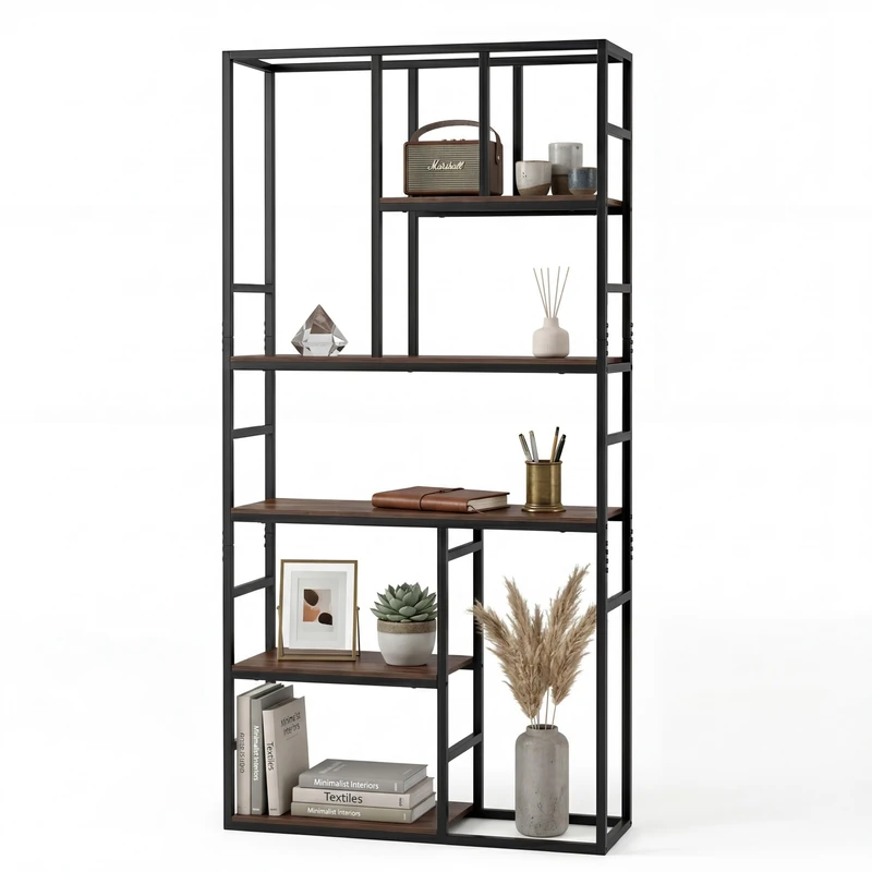 CASART 8/10-Tier Bookcase, Metal Frame Tall Etagere Bookshelf with Open Storage Compartments, Industrial Geometric Display Shelf Unit for Living Room Office (Rustic Brown + Black, 90 x 30 x 180cm, 8) - Image 1