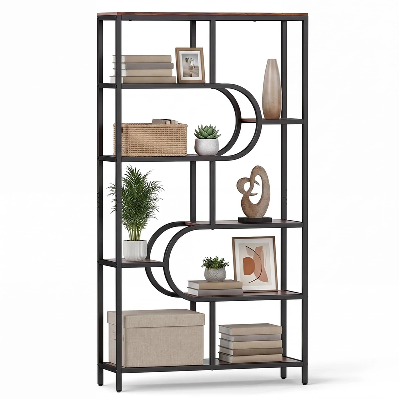CASART 8/10-Tier Bookcase, Metal Frame Tall Etagere Bookshelf with Open Storage Compartments, Industrial Geometric Display Shelf Unit for Living Room Office (Rustic Brown + Black, 95 x 30 x 176cm, 8) - Image 1