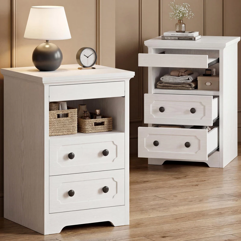IRONCK Bedside Table Set of 2, Modern Nightstand with 2 Drawers, Open Shelf, End Table with Pull-Out Tray for Bedroom, Living Room, White