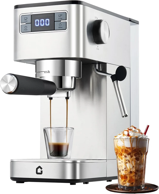 20 Bar Stainless Steel Espresso Machine with Milk Frother, Semi-Automatic Espresso Maker 1450 W with LED Display, Removable Tank, Adjustable Temperature and Cup Volume, for Espresso, Cappuccino
