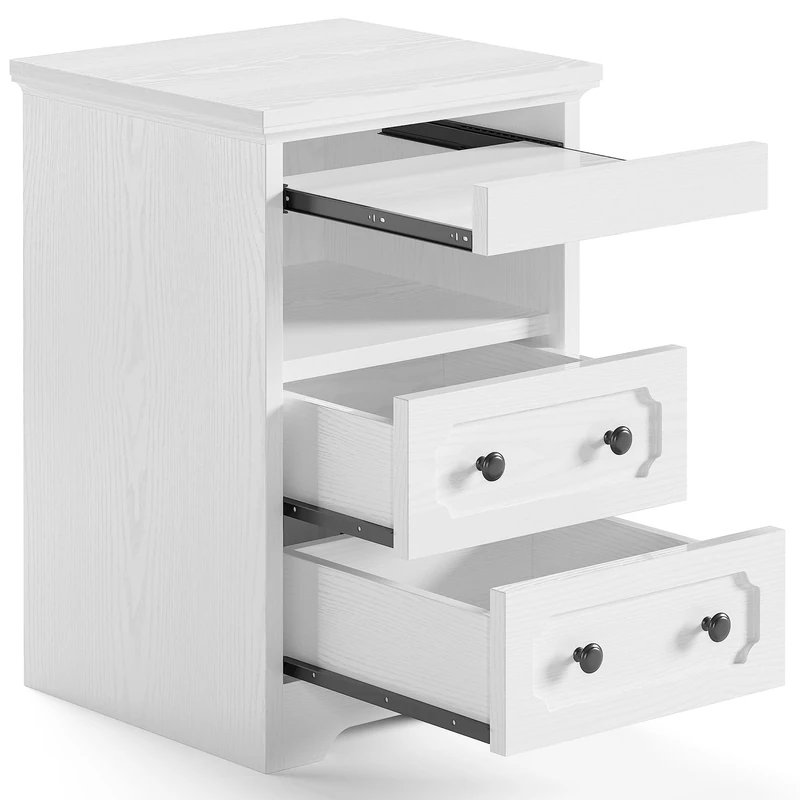 IRONCK Bedside Table with 2 Drawers, Modern Nightstand with Open Shelf, End Table with Pull-Out Tray for Bedroom, Living Room, White