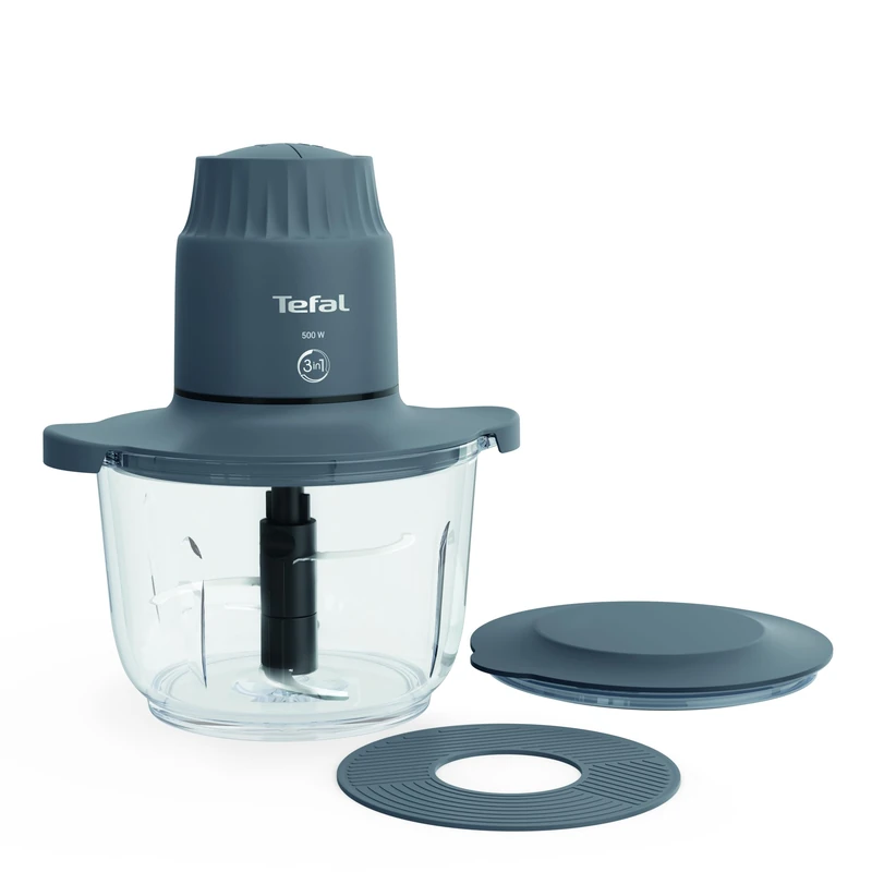 Tefal Choppeo Mini Food Processor/Chopper, 2L Glass Bowl with Anti-Slip Mat & Storage Lid, 2 Speeds, 500W, Grey - MB603BG1