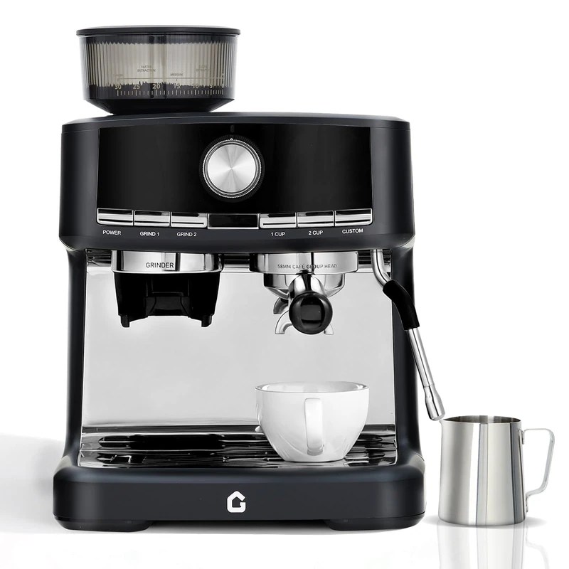 20 Bar Espresso Coffee Machine with Grinder, Automatic Descaling, 1400W Semi-Automatic Stainless Steel Espresso Maker with Milk Frother, Two Filters, Removable Tank for Espresso, Cappuccino, Latte