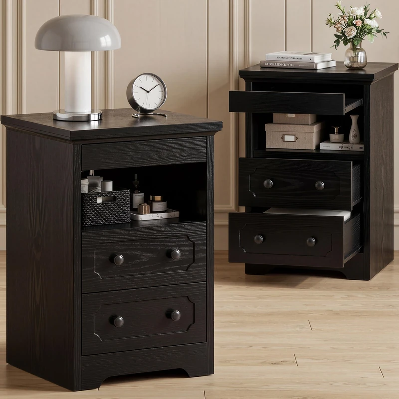 IRONCK Bedside Table Set of 2, Modern Nightstand with 2 Drawers, Open Shelf, End Table with Pull-Out Tray for Bedroom, Living Room, Black - Image 1
