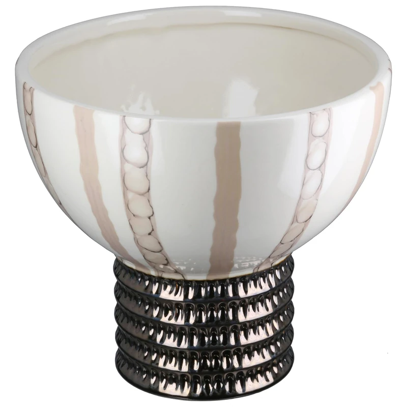 GILDE Braga Bowl Ceramic Round Glazed Striped Cream Height 18 cm x Diameter 20 cm Decorative Bowl - Image 1
