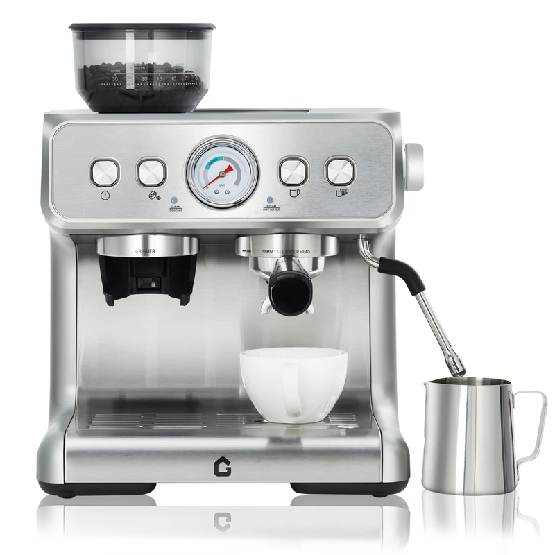 20 Bar Espresso Coffee Machine with Grinder, Automatic Descaling, Semi-Automatic Stainless Steel Espresso Maker with Milk Frother, 4 Temperatures, 2.8 L Removable Tank for Kitchen, Office