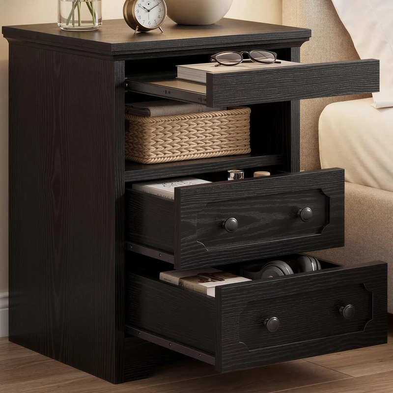 IRONCK Bedside Table with 2 Drawers, Modern Nightstand with Open Shelf, End Table with Pull-Out Tray for Bedroom, Living Room, Black