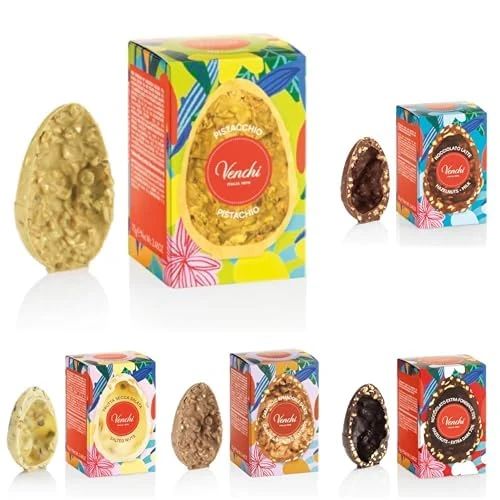 Venchi - 5 Mignon Chocolate Eggs, 70 Gr each, 1 Pistachio + 1 Milk and Hazelnut + 1 70% Extra Dark and Hazelnut + 1 Caramel and Almond + 1 Salted White, Gluten Free, Easter Collection, Gift Idea - Image 1