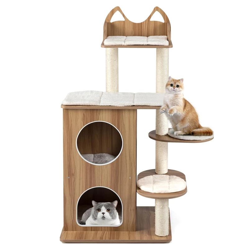 GYMAX Wooden Cat Tree, 122cm Tall Indoor Cat Tower with 2-floor Condo, Cute Top Perch, Sisal Scratching Posts and Platforms with Cushions, Kitten Activity Center for Climbing, Scratching & Sleeping