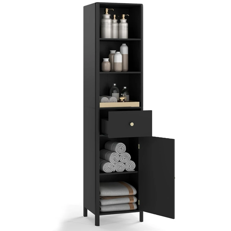 RELAX4LIFE Tall Bathroom Cabinet, 170cm Freestanding Slim Storage Cupboard with Adjustable Shelf, Drawer & Door, Wooden Narrow Bathroom Floor Cupboard for Living Room Hallway Kitchen (Black)