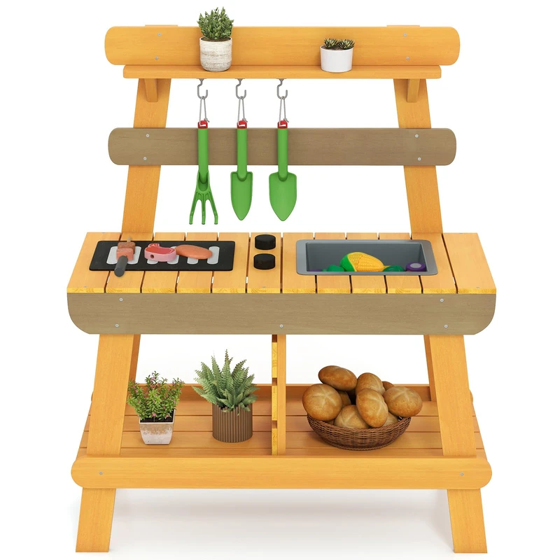 GYMAX Kids Mud Kitchen, Wooden Play Kitchen with BBQ Rack, Sink, Storage Shelves, Hanging Hooks and Gardening Accessories, Outdoor Cooking Role Playset for 3 Years Old+