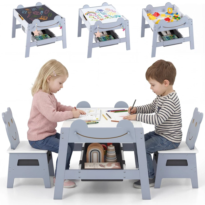 GYMAX Kids Table and Chairs Set, 5 in 1 Toddler Activity Table with 2 Chairs, Reversible Tabletop, 4 Hooks and Storage Bins, Wooden Children Desk Set for 3-10 Years Old (Grey, 70 x 60.5 x 50 cm)