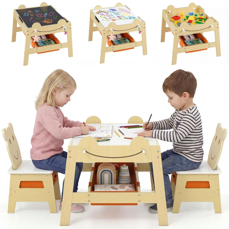 GYMAX Kids Table and Chairs Set, 5 in 1 Toddler Activity Table with 2 Chairs, Reversible Tabletop, 4 Hooks and Storage Bins, Wooden Children Desk Set for 3-10 Years Old (Natural, 70 x 60.5 x 50 cm)