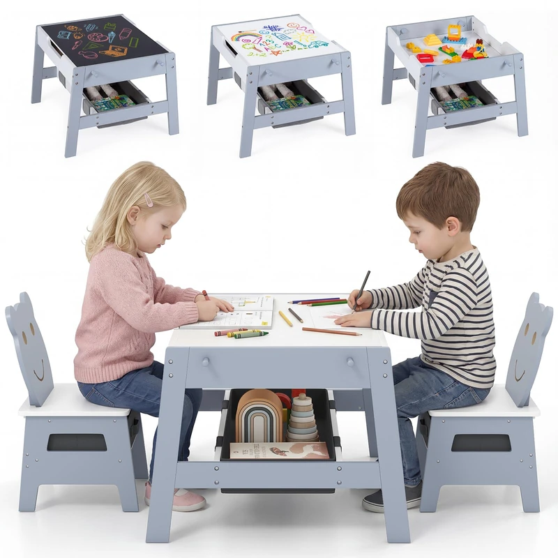 GYMAX Kids Table and Chairs Set, 5 in 1 Toddler Activity Table with 2 Chairs, Reversible Tabletop, 4 Hooks and Storage Bins, Wooden Children Desk Set for 3-10 Years Old (Grey, 70 x 60.5 x 45 cm)