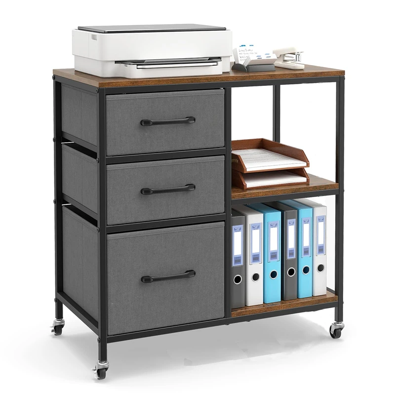 CASART 3-Tier Mobile File Cabinet, Rolling Storage Cabinet with 3 Drawers & Open Shelves, Wooden Printer Stand Side Filing Cupboard on Wheels for Home Office