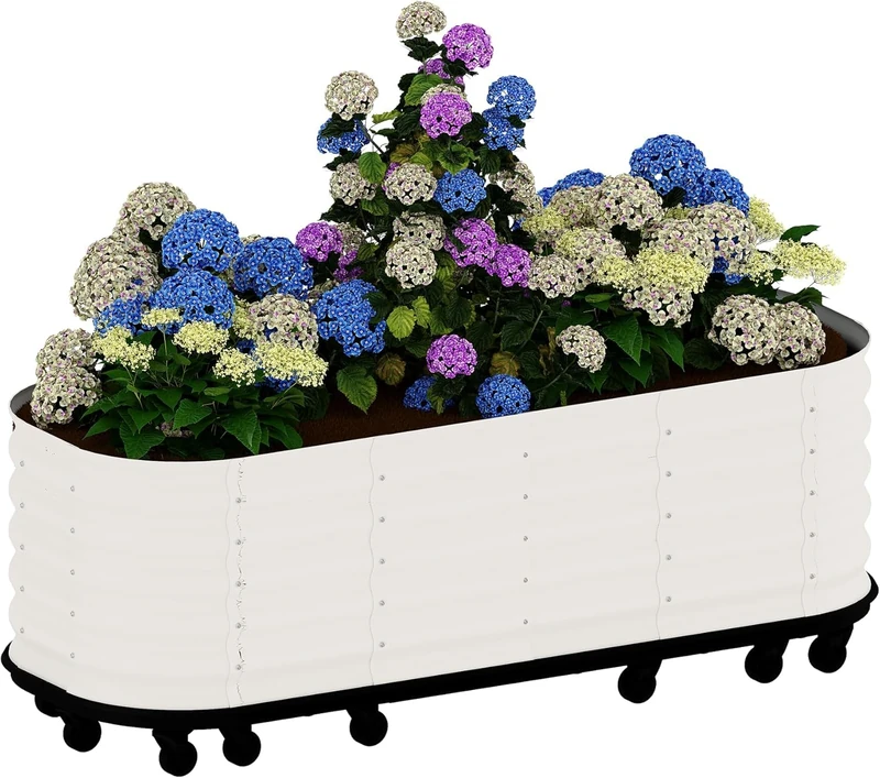 Raised Bed Metal on Wheels with Water Reservoir, with Self-Watering and Brakes, 195 x 60 x 50 cm, White Garden Bed, Cold Frame Garden for Flowers, Fruits, Vegetables - Image 1