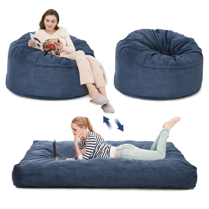 Large Corduroy Convertible Pouffe Bed, 2 in 1 Sofa Bed, Foam Padding, Removable Washable Cover, Single Convertible Bed for Living Room, Bedroom (120 x 120 x 70 cm, Blue) - Image 1