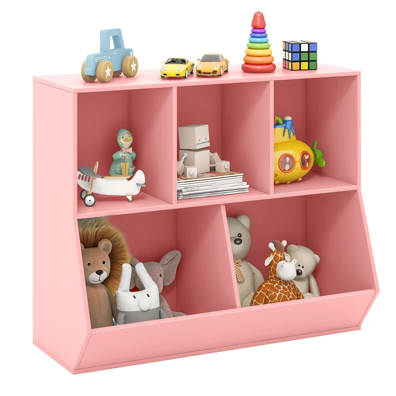 GYMAX Toy Storage Organizer, 5 Cubby Kids Storage Shelf Unit with Anti-Tipping Kits, Wooden Children Bookcase for Kids Room Playroom Nursery (Pink)