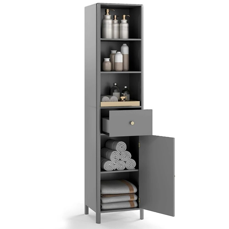 RELAX4LIFE Tall Bathroom Cabinet, 170cm Freestanding Slim Storage Cupboard with Adjustable Shelf, Drawer & Door, Wooden Narrow Bathroom Floor Cupboard for Living Room Hallway Kitchen (Grey) - Image 1