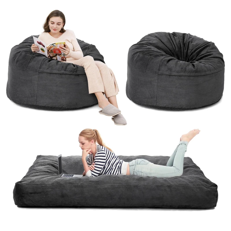 Large Corduroy Convertible Pouffe Bed, 2 in 1 Sofa Bed, Foam Padding, Removable Washable Cover, Single Convertible Bed for Living Room, Bedroom (120 x 120 x 70 cm, Dark Grey) - Image 1