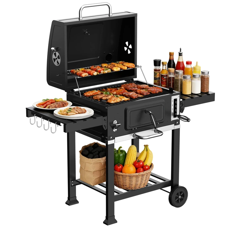 TEENO Charcoal BBQ,XXL Cooking Car,Barbecue with Lid,Thermometer, Anti-Heat Gloves, Fireplace and Integrated Bottle Opener, Smoke Large Model for Charcoal Barbecue - Image 1