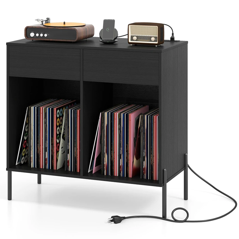 CASART Record Player Stand with Power Outlet, Modern Vinyl Record Storage Cabinet with 6 Dividers, Drawers & Metal Legs, Large Turntable Stand Side Table for Living Room Bedroom Studio (Black)